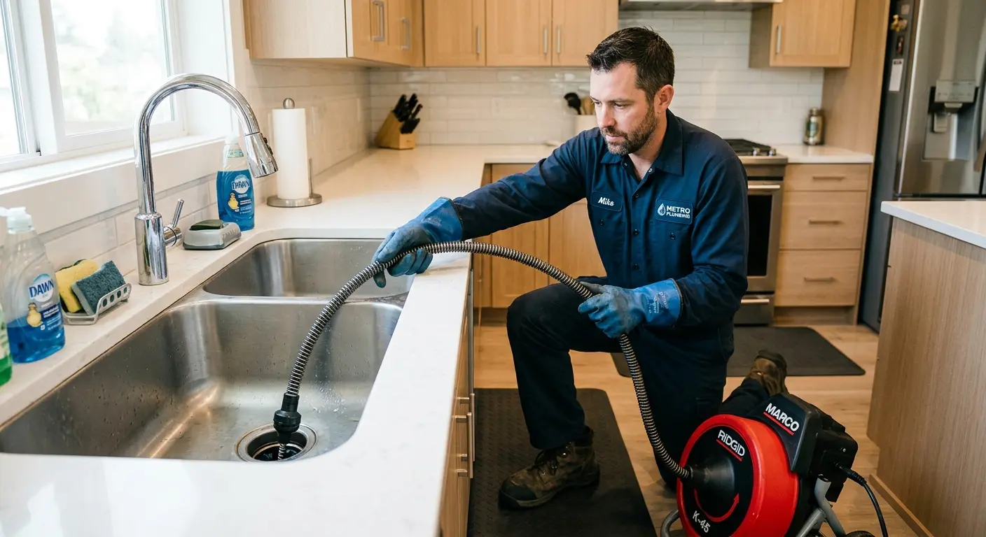 Drain cleaning technician using a motorized snake on a kitchen sink in Sandwich