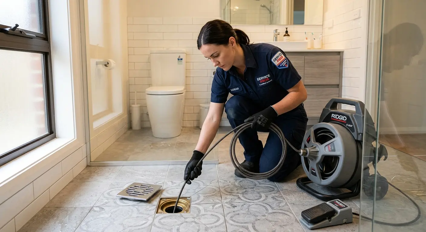 Technician clearing a bathroom floor drain for Sewer Line Replacement in Sandwich